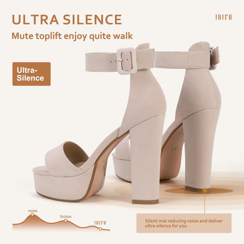 IDIFU IN5 Sabrina Nude Heels Platform Block Chunky High Ankle Strap Heeled Sandals Sexy Wedding Party Dress Shoes for Women Open Toe Heels (Nude Nubuck, 7) - Image 4